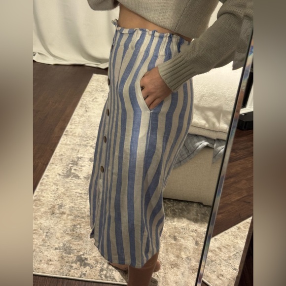 Beachy Casual Linen Striped Blue and White Button-Front Skirt - Picture 5 of 13